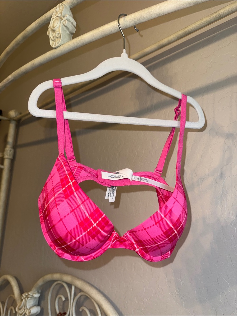 PINK Victoria's Secret Hot Pink Plaid Padded T-Shirt Bra